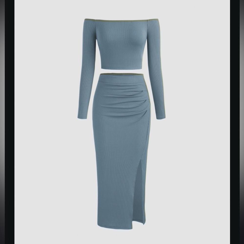 Cider Blue Ribbed Skirt Set Romantic Feminine Elevated Girlboss Fairy Whimsical